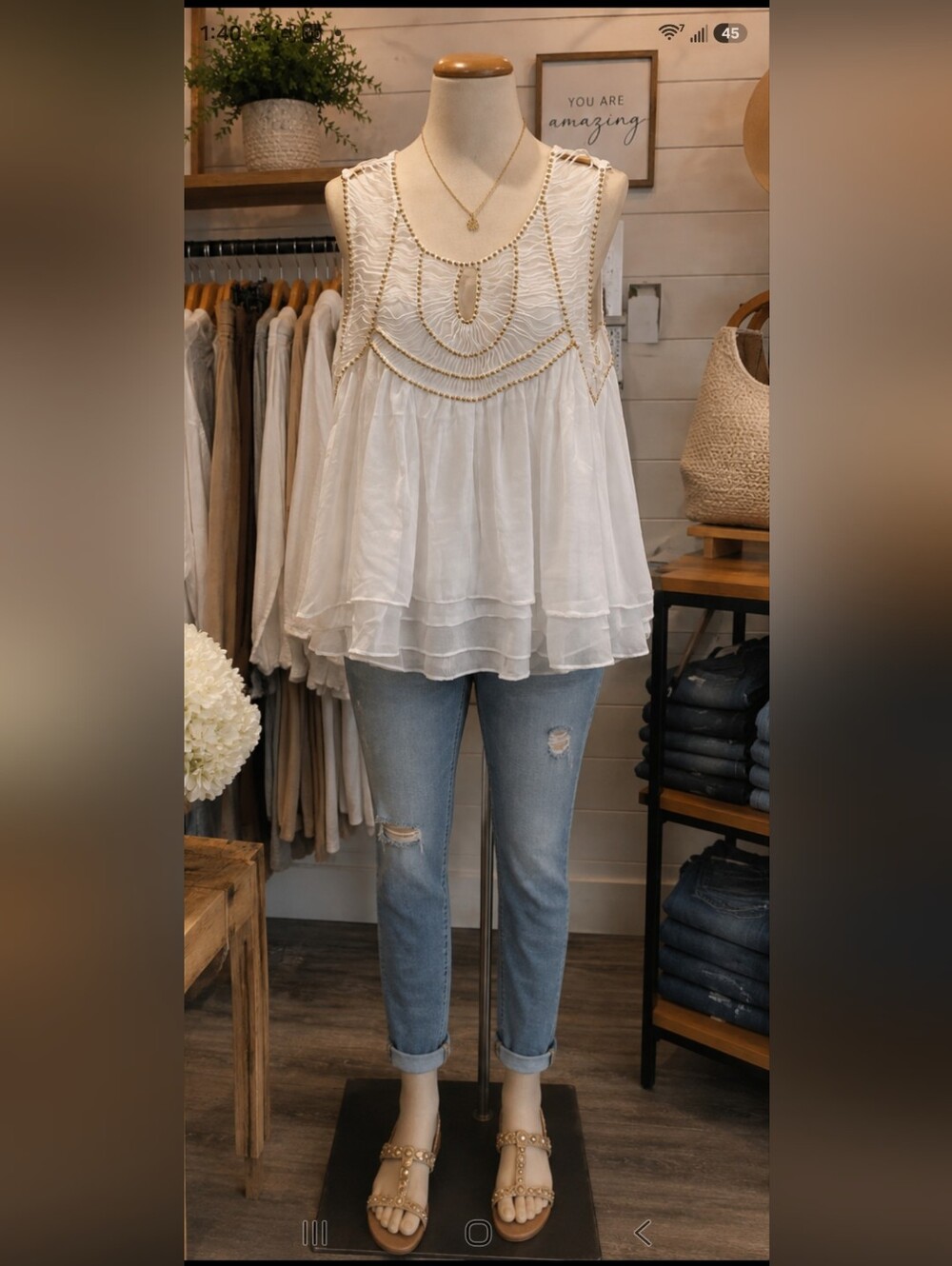 *White Embroidered Tiered Chiffon Tank Top Pit 22 - Picture 2 of 4